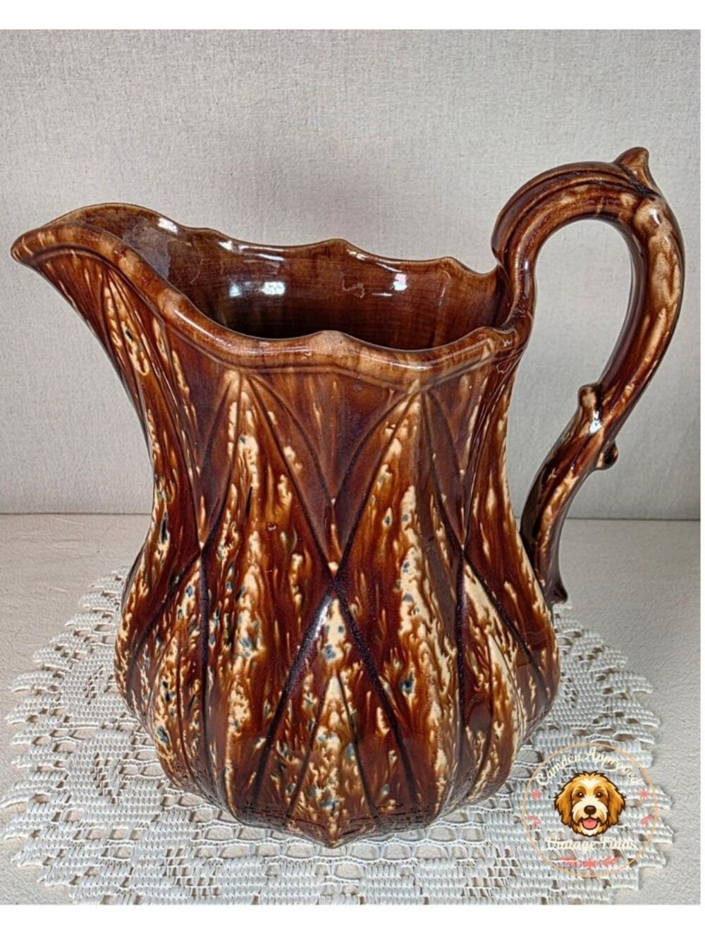 Rockingham Glazed Bennington Pottery Pitcher With Diamond Pattern 9" Brown & Cre